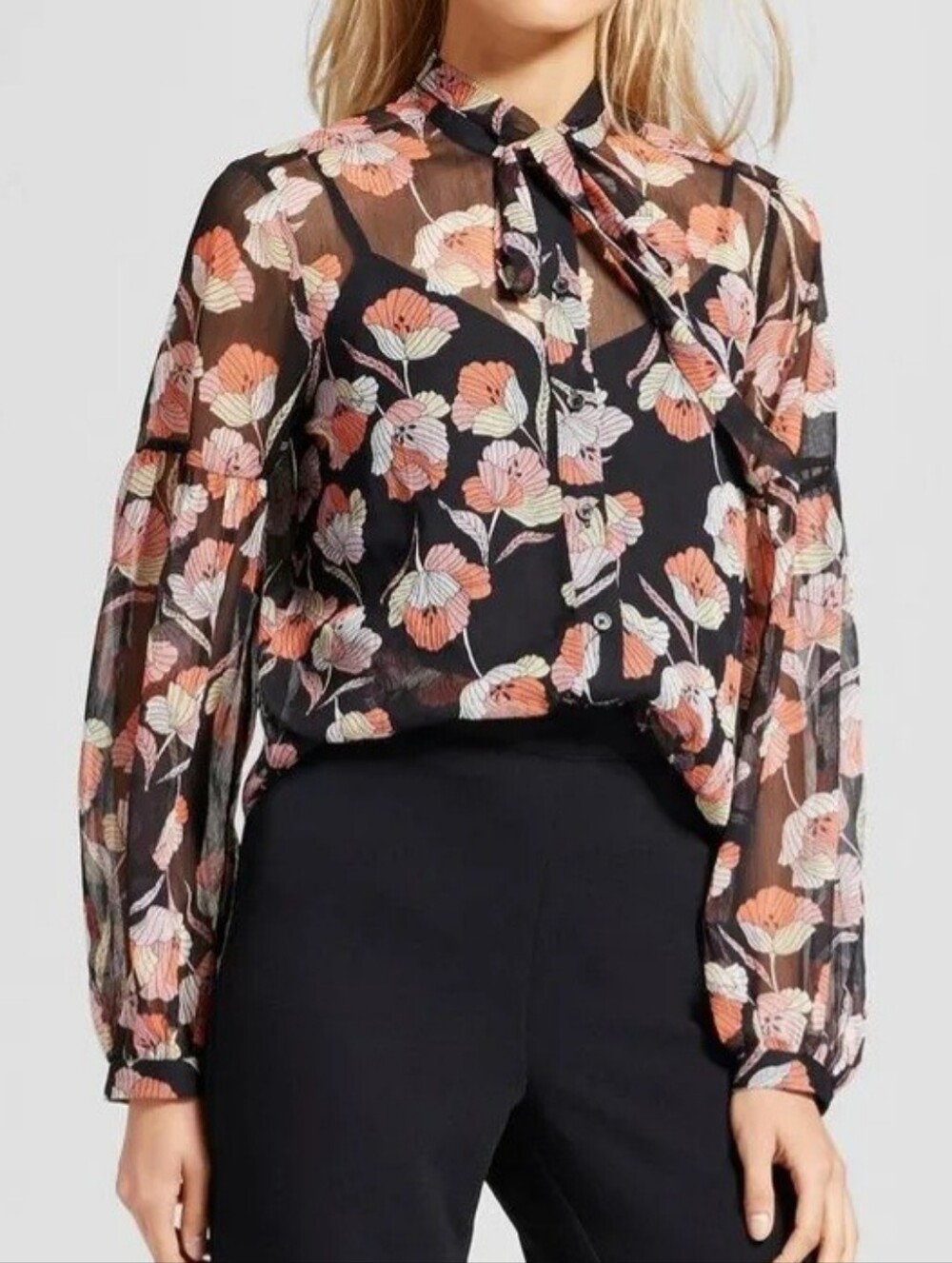 Who What Wear Sheer Floral Long Sleeve Button Top M
